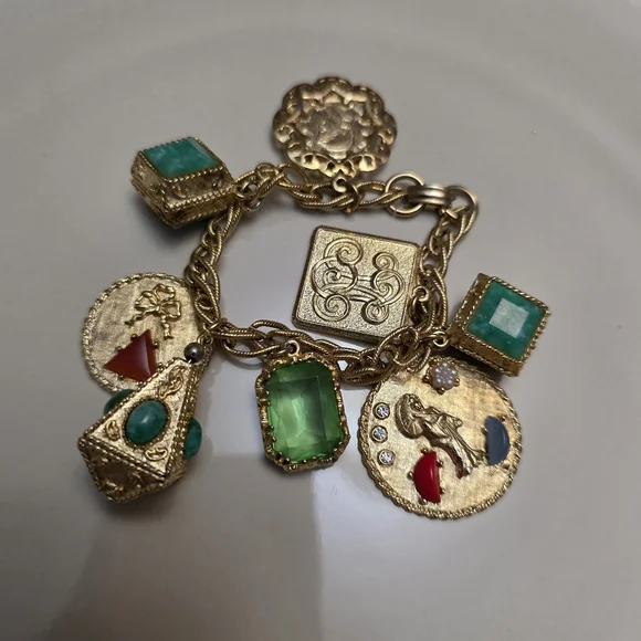 Vintage Gold-Tone Charm Bracelet with Green and Multicolor Gem Accents - Picture 4 of 14